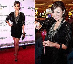 Lindsay Price Wearing Black Lace Blouse and Chain Necklace in Las Vegas Lindsay Price Wearing Black Lace Blouse and Chain Necklace in Las Vegas