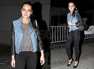 Photos of Lindsay Lohan Wearing an Alexander Wang Blue and Black Leather Jacket