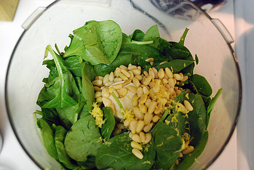 Place spinach, lemon juice, lemon peel and pine nuts in food processor. Place spinach, lemon juice, lemon peel and pine nuts in food processor.
