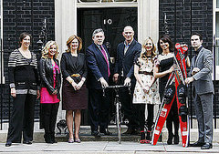 Photos of Sport Relief Celebrities Fearne Cotton, Jimmy Carr, Lawrence Dallaglio at 10 Downing Street With Gordon Brown
