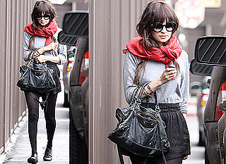 Photos of Nicole Richie in Black Miniskirt and Red Scarf Carrying Balenciaga Bag