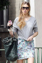 Whitney Port Wearing Blue Floral Miniskirt in NYC