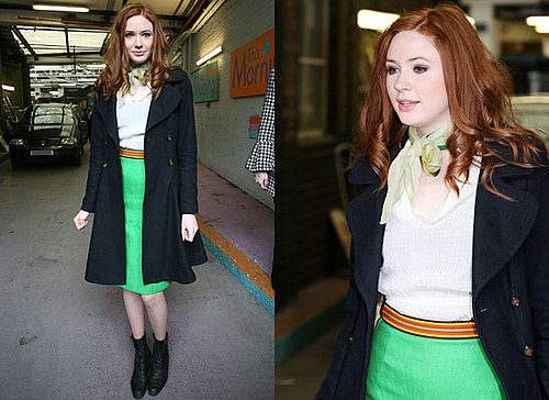 Copy Karen Gillan's Style with Green Skirt and Double Breasted Coat