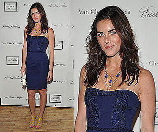 Pictures of Hilary Rhoda Wearing Blue Strapless Dress and Yellow Sandals