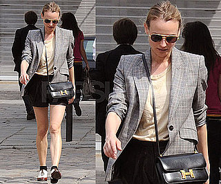 Diane Kruger in Paris Wearing Oxford Shoes and Gray Blazer