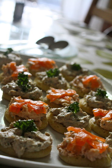 Homemade smoked salmon and mackerel paté blinis.