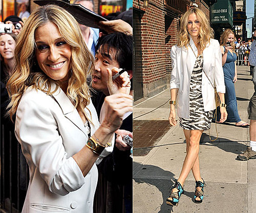Sarah Jessica Parker in NYC Wearing Sequined Zebra Dress, White Blazer, and Nicholas Kirkwood Sandals
