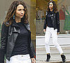 Minnie Driver Wears White Jeans and Leather Jacket in Notting Hill London