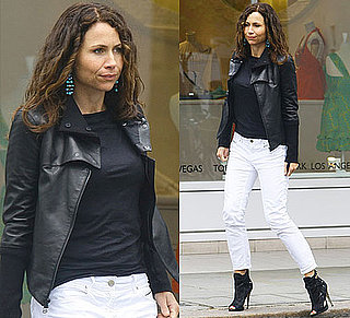 Minnie Driver Wears White Jeans and Leather Jacket in Notting Hill London