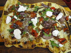 Grilled Pizza With Hot Sausage, Grilled Peppers, and Onions Recipe