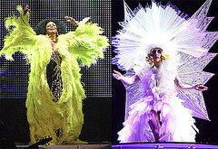 Diana Ross Wears Neon Yellow Feather Coat and Lady Gaga Wears Huge White Snowflake Costume