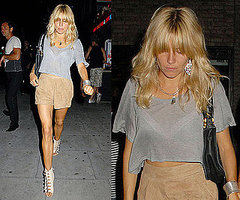Sienna Miller Wearing Tan Suede Shorts, Gray Cropped Tee, and Buckle Wedges Sienna Miller Wearing Tan Suede Shorts, Gray Cropped Tee, and Buckle Wedges