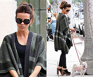 Photos of Kate Beckinsale Walking Her Dog in Check Cape and Black Clogs
