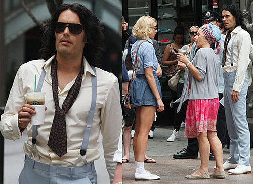 Pictures of Russell Brand Filming Arthur With Greta Gerwig and Helen Mirren Ahead of Waxwork, His Dad Parties With Amy Winehouse