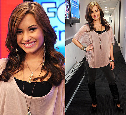 Pictures of Demi Lovato at Fox and Friends Wearing Pink Top and Black Boots
