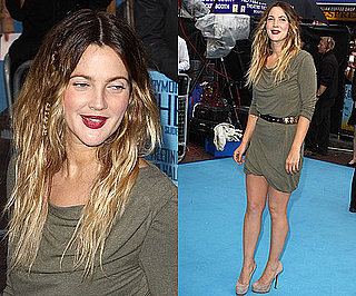 Photos of Drew Barrymore in Green Dress with Gold Belt in London