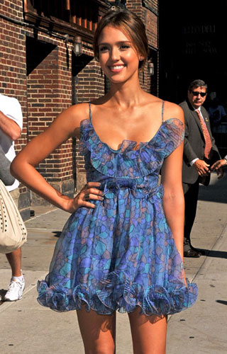 Pictures of Jessica Alba in Blue Accordion Pleat Dress