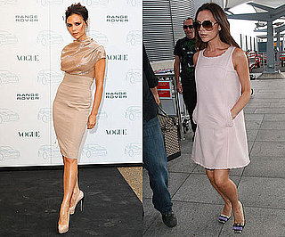 Victoria Beckham in Voluminous Sheath Dress at Heathrow Airport