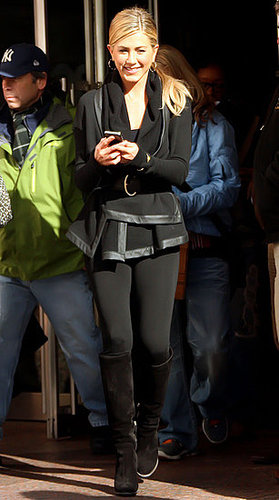 Pictures of Jennifer Aniston Filming Wanderlust in NYC Wearing All Black With an iPhone 4