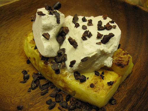 Grilled Pineapple w/ Vanilla Coconut Ice Cream & Cacao Nibs