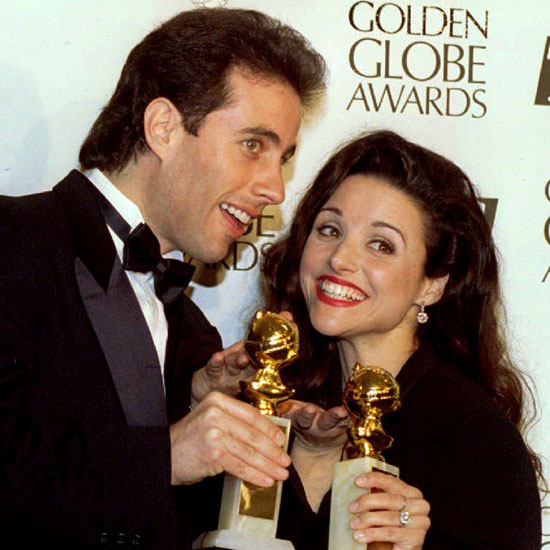 Jerry Seinfeld and his Seinfeld costar Julia Louis-Dreyfus posed backstage with their statues for best actor and best supporting actress in 1994.
Jerry Seinfeld and his Seinfeld costar Julia Louis-Dreyfus posed backstage with their statues for best actor and best supporting actress in 1994.