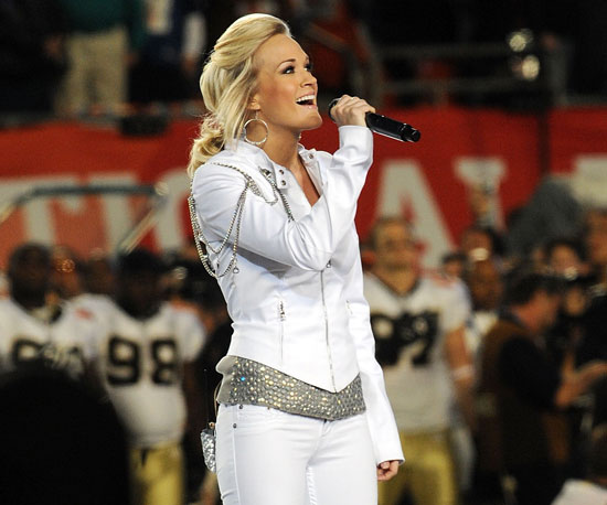 Carrie Underwood showed off her singing skills with the national anthem in Miami in 2010.
Carrie Underwood showed off her singing skills with the national anthem in Miami in 2010.