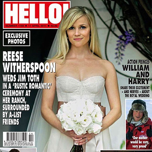 Reese Witherspoon showed off her décolletage in a a corset-style Monique Lhuillier gown for her wedding to Jim Toth at her ranch in Ojai, CA, in March of 2011.
Reese Witherspoon showed off her décolletage in a a corset-style Monique Lhuillier gown for her wedding to Jim Toth at her ranch in Ojai, CA, in March of 2011.