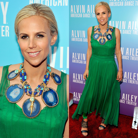 Tory Burch Style: Green Dress and Blue Necklace