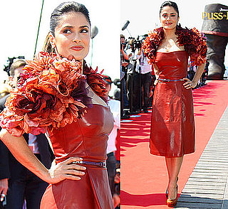 Pictures of Salma Hayek in Red Leather Gucci Dress at Cannes Film Festival