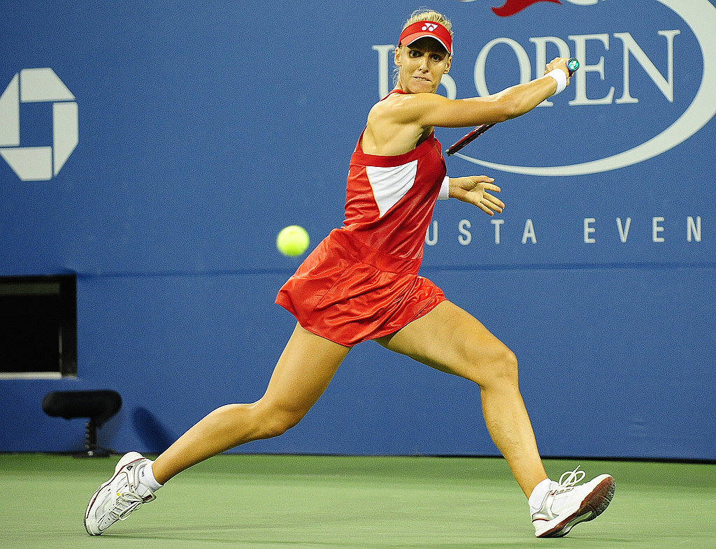 Elena Dementieva wore a loose red and white tennis dress with a matching visor to the 2010 US Open.
Elena Dementieva wore a loose red and white tennis dress with a matching visor to the 2010 US Open.