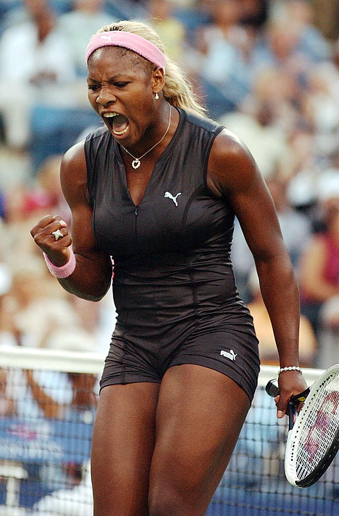 Serena Williams donned a leather catsuit by Puma at the 2002 US Open.
Serena Williams donned a leather catsuit by Puma at the 2002 US Open.