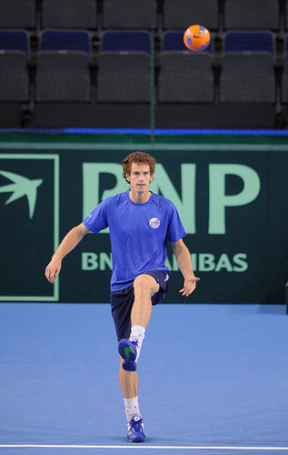 Andy Murray sported monochromatic hues while warming up with a soccer ball before the Great Britain v Luxembourg Davis Cup tie in Scotland in July 2011.
Andy Murray sported monochromatic hues while warming up with a soccer ball before the Great Britain v Luxembourg Davis Cup tie in Scotland in July 2011.