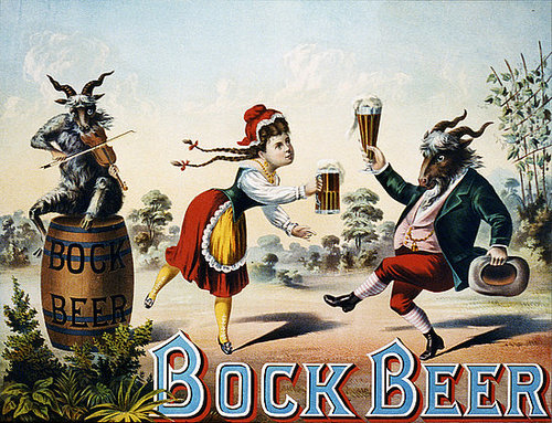 In this 1882 ad, a bar maid enjoys a stein of Bock Beer with her pal — a dressed-up goat.
In this 1882 ad, a bar maid enjoys a stein of Bock Beer with her pal — a dressed-up goat.