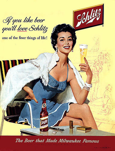 This 1954 ad says Schlitz is the beer that made Milwaukee famous, and hopefully it will make you look this glamorous in a swimsuit, too!
This 1954 ad says Schlitz is the beer that made Milwaukee famous, and hopefully it will make you look this glamorous in a swimsuit, too!