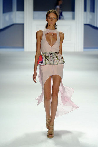 Vera Wang's soft, ethereal confections maintained a supersexy feel with open necklines and leg-baring hemlines.
Vera Wang's soft, ethereal confections maintained a supersexy feel with open necklines and leg-baring hemlines.