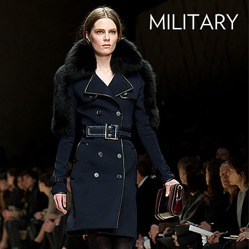 Why we love it: Military coats add a tough-girl vibe to our wardrobes; as evidenced by the Burberry Fall runway, they have that edgy statement power that commands attention.
How to wear it: Treat your military coat like a wardrobe staple. Look for great details like a belt, buttons, and a double-breasted silhouette to speak to the trend. Just avoid too many overt utilitarian references in the rest of your outfit; it should come off as a cool accent piece – not look like you're actually suiting up in uniform.
Shop the runway:
Burberry Double Breasted Wool Cashmere Trench Coat ($1,295)
Why we love it: Military coats add a tough-girl vibe to our wardrobes; as evidenced by the Burberry Fall runway, they have that edgy statement power that commands attention.
How to wear it: Treat your military coat like a wardrobe staple. Look for great details like a belt, buttons, and a double-breasted silhouette to speak to the trend. Just avoid too many overt utilitarian references in the rest of your outfit; it should come off as a cool accent piece – not look like you're actually suiting up in uniform.
Shop the runway:
Burberry Double Breasted Wool Cashmere Trench Coat ($1,295)