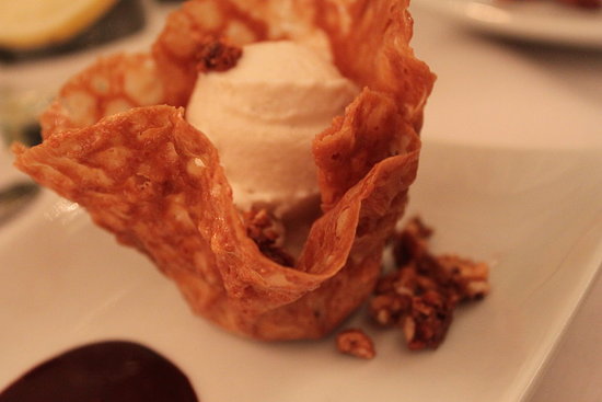 Macadamia Tuile, Coconut-Amaretto Ice Cream & Candied Hazelnuts