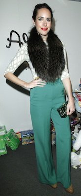 Louise Roe in Green Alice and Olivia Pants, Fur Scarf