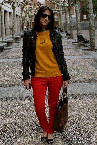 Color denim, leopard flats, mustard