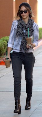 Jessica Alba in Striped Sweater and Leopard Scarf