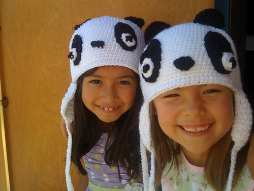 1 Panda Aviator Ski Hat Handcrocheted One Size by TheChocolateCafe