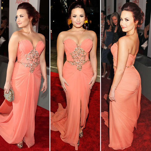 Pictures of Demi Lovato in Peach Marchesa Gown at the 2012 People's Choice Awards: Rate or Hate Her Look?