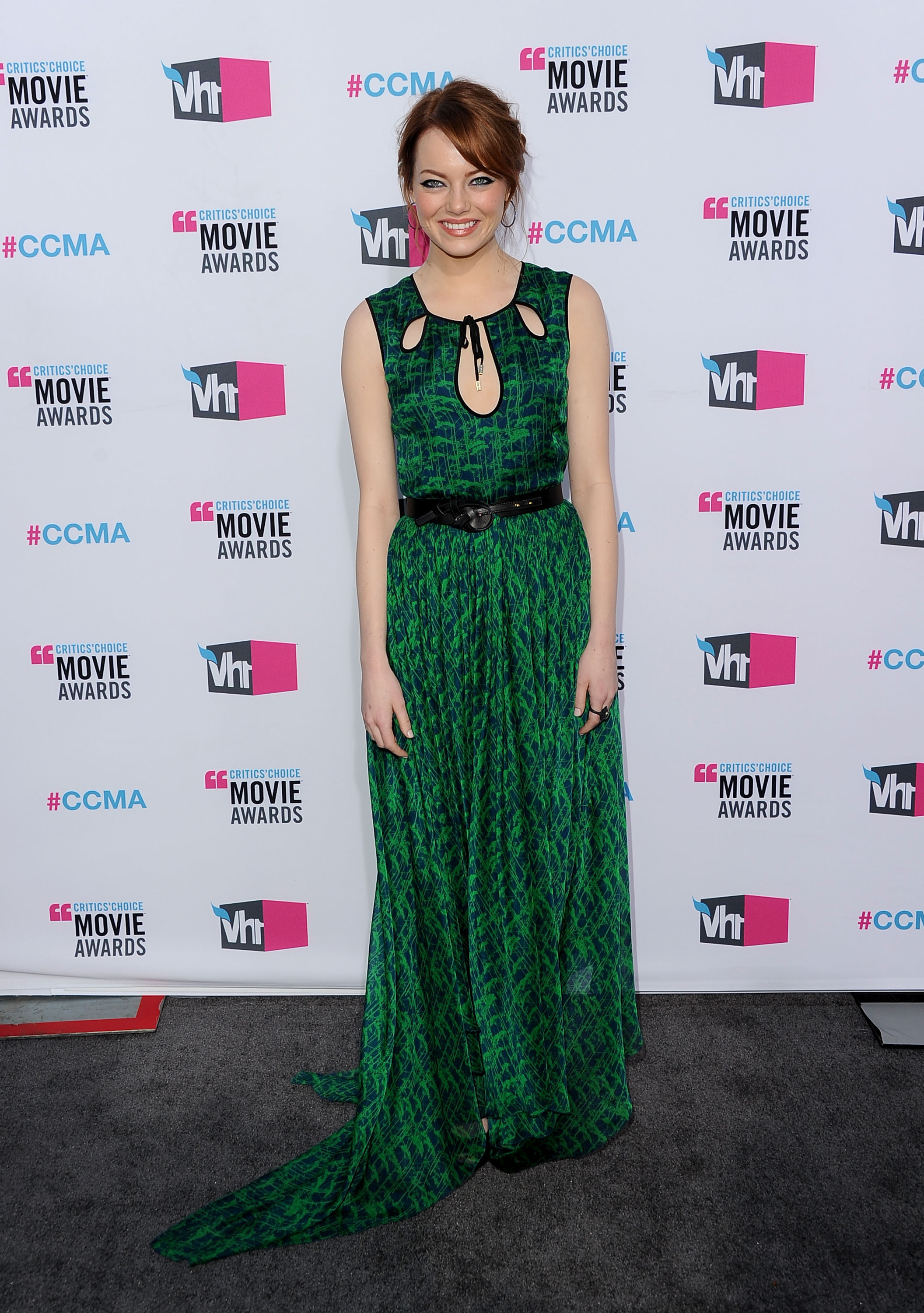 Emma Stone was in a green dress at the 2012 Critics' Choice Movie Awards. Emma Stone was in a green dress at the 2012 Critics' Choice Movie Awards.