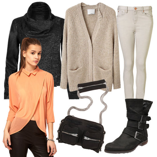 While the orange sherbet hue, lightweight fabric, and pretty point collar of the top suggest a girlie ensemble, the twist neck cardigan, lasercut-detailed leather jacket, and slightly undone black boots give this feminine blouse an unexpectedly edgy twist.
ASOS Shirt With Wrap Front Detail ($54)
Moto Stone High Waisted Jamie Jeans ($80)
3.1 Phillip Lim Twist Neck Cardigan ($475)
American Apparel Unisex Nub Ribbed Knee-High Sock ($12)
Steve Madden Sladee Boot ($102)
All Saints Dana Jacket ($557)
Alexander Wang Brenda Chain Bag ($725)
While the orange sherbet hue, lightweight fabric, and pretty point collar of the top suggest a girlie ensemble, the twist neck cardigan, lasercut-detailed leather jacket, and slightly undone black boots give this feminine blouse an unexpectedly edgy twist.
ASOS Shirt With Wrap Front Detail ($54)
Moto Stone High Waisted Jamie Jeans ($80)
3.1 Phillip Lim Twist Neck Cardigan ($475)
American Apparel Unisex Nub Ribbed Knee-High Sock ($12)
Steve Madden Sladee Boot ($102)
All Saints Dana Jacket ($557)
Alexander Wang Brenda Chain Bag ($725)