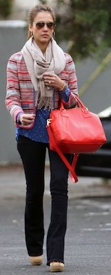 Jessica Alba in Colorful Jacket With Orange Bag