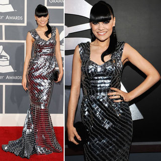 Pictures of Jessie J in Mirror Ball Julien Macdonald Silver Gown at the 2012 Grammy Awards