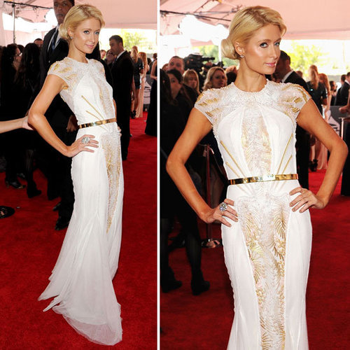 Pictures of Paris Hilton in Basil Soda Dress on the Red Carpet at the 2012 Grammy Awards: Rate it or hate it?