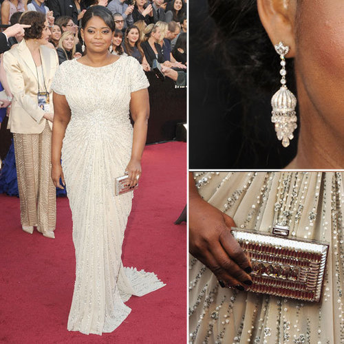 The Help's Octavia Spencer Stays Loyal to Tadashi Shoji Silver Beaded Gown at the 2012 Oscars