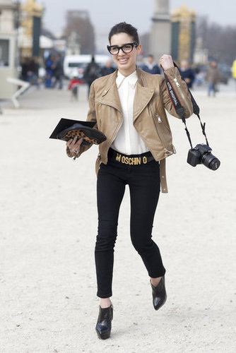 Geeky-chic with a twist: a buttery leather jacket amps up a basic white button-down.
Geeky-chic with a twist: a buttery leather jacket amps up a basic white button-down.
