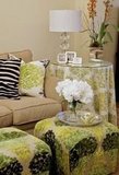 Updating a tired/old couch: Chartreuse green prints and zebra hide pillow - such texture and fun!